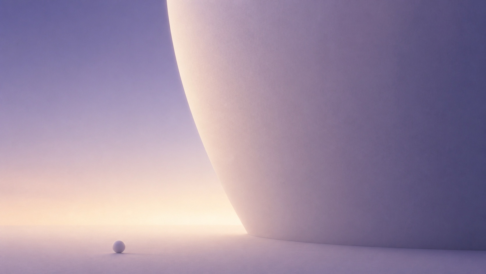 小さな球体の前に、画面を越える大きな曲面が静かに立ち上がるCGイラスト