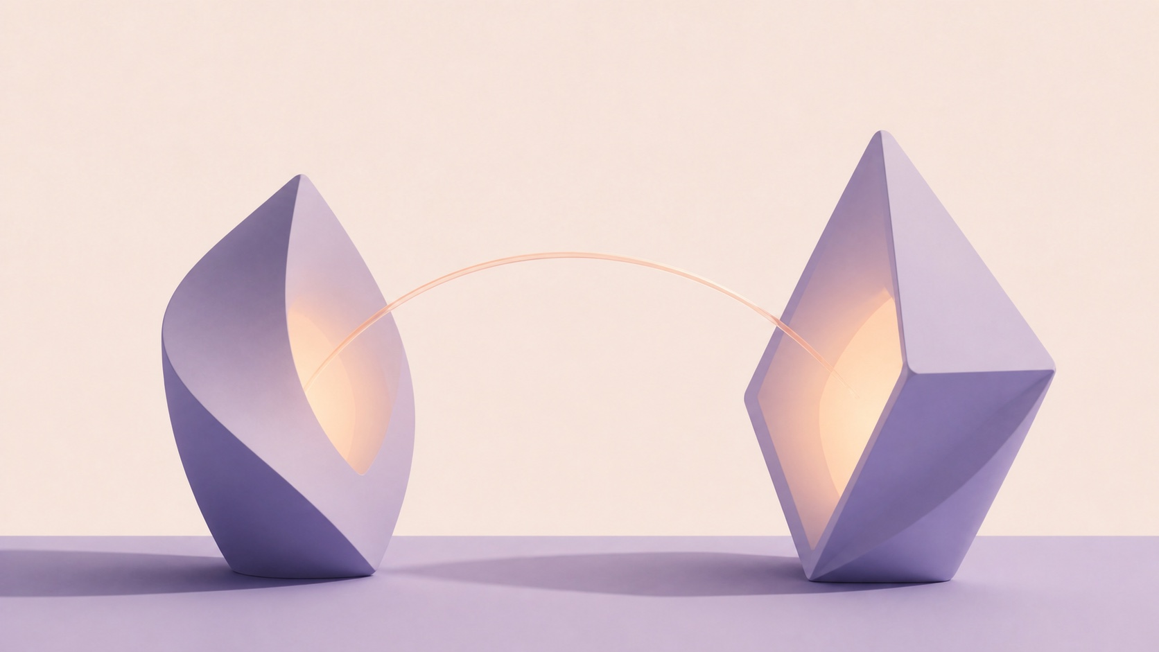 異なる二つの抽象的な形が、同じ高さで光を分かち合うCGイラスト