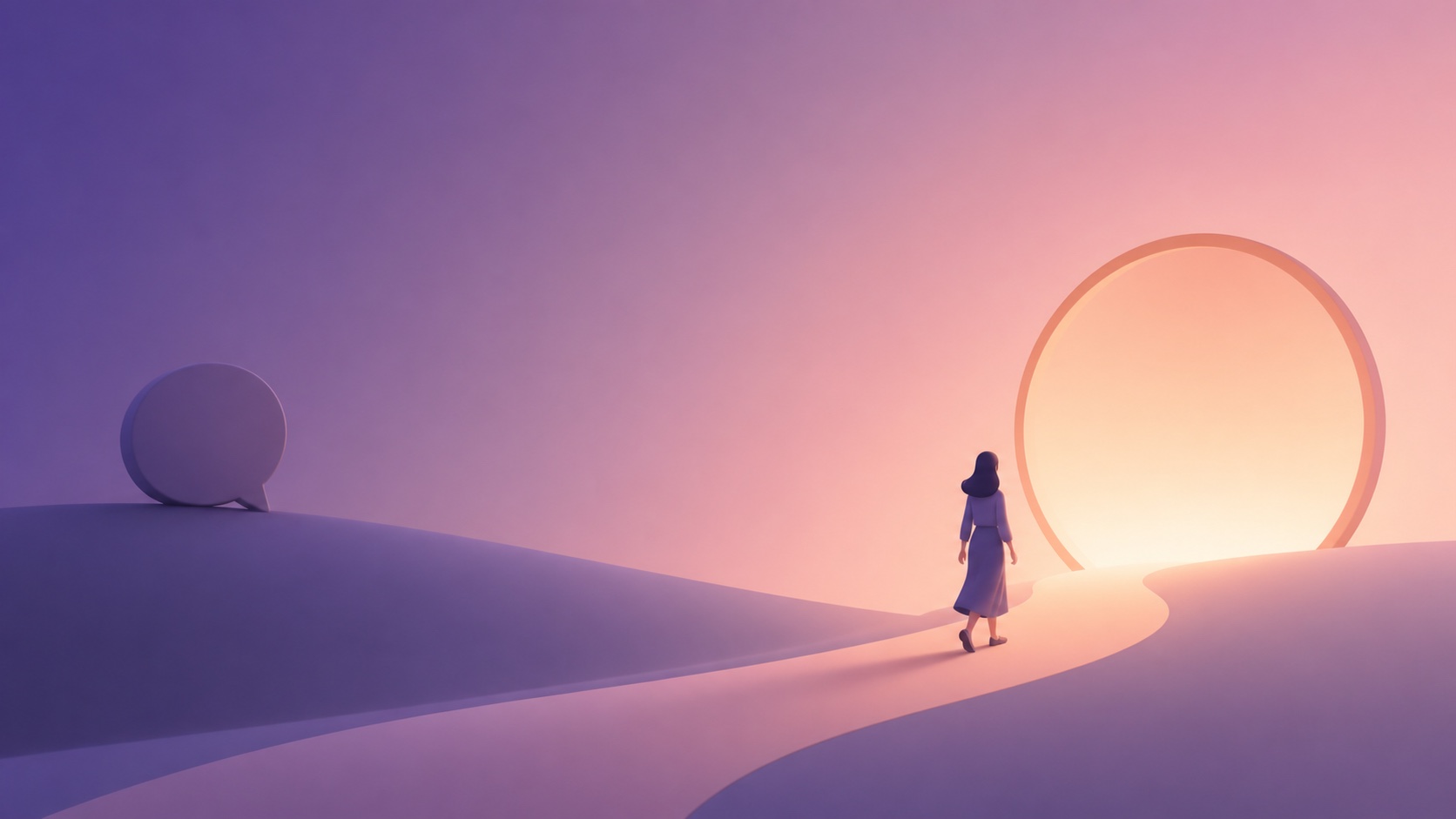 女性が遠くの吹き出しを背にしながら、朝の光へ続く道を歩き始める情景