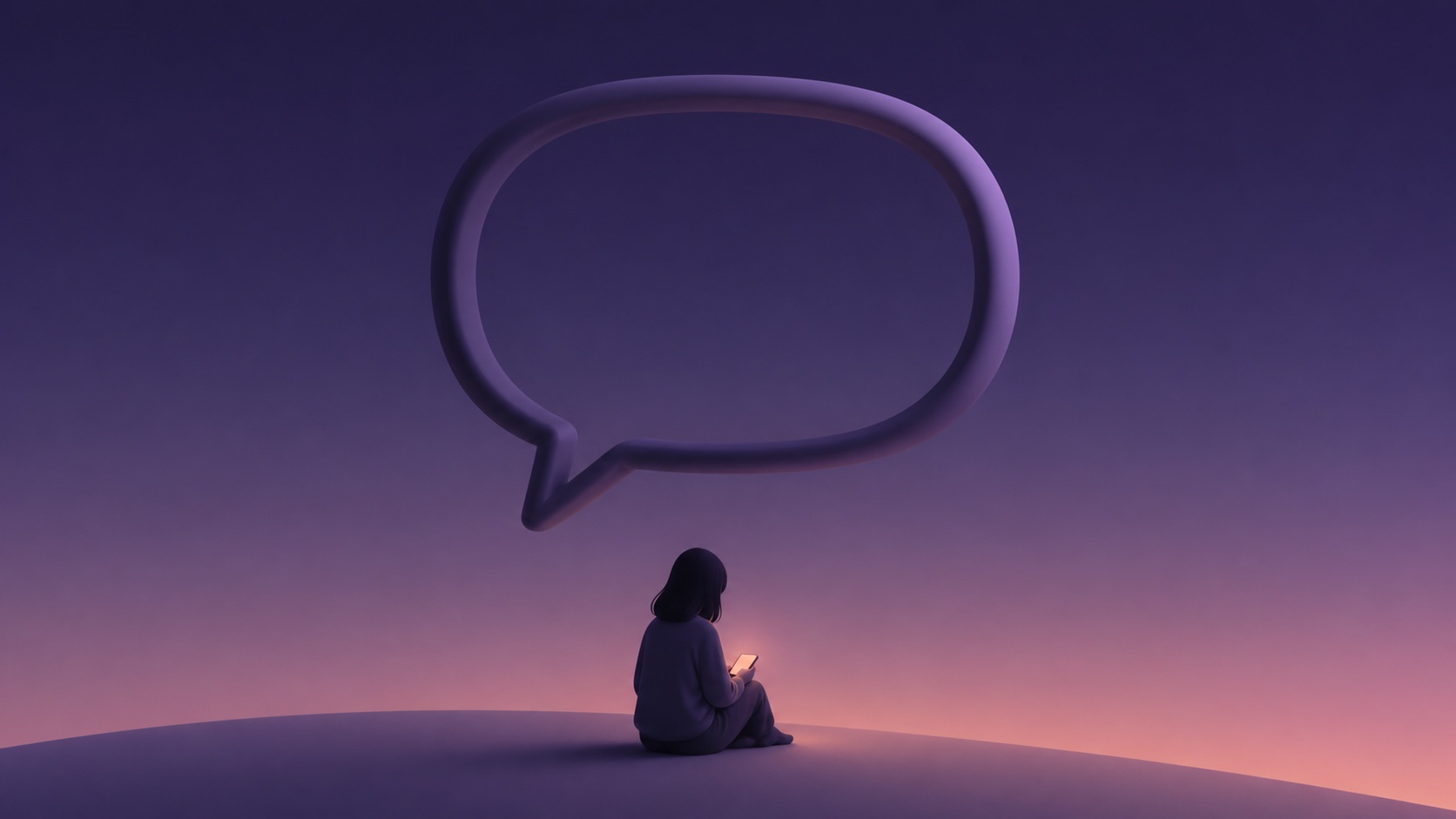 返事のない大きな吹き出しの下で、女性がひとりスマートフォンを見つめている夜の情景