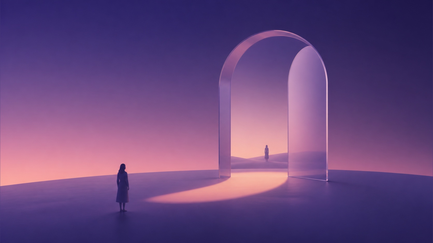 女性が半透明の扉の手前に立ち、その向こうにいる相手との距離を見つめる情景